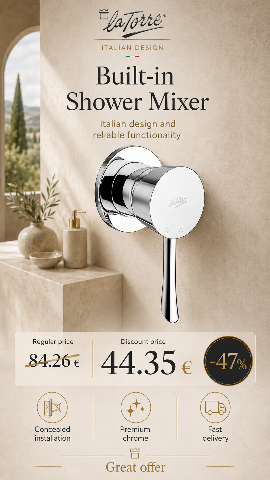 Concealed shower faucet 17050/170, chrome, KONVEX